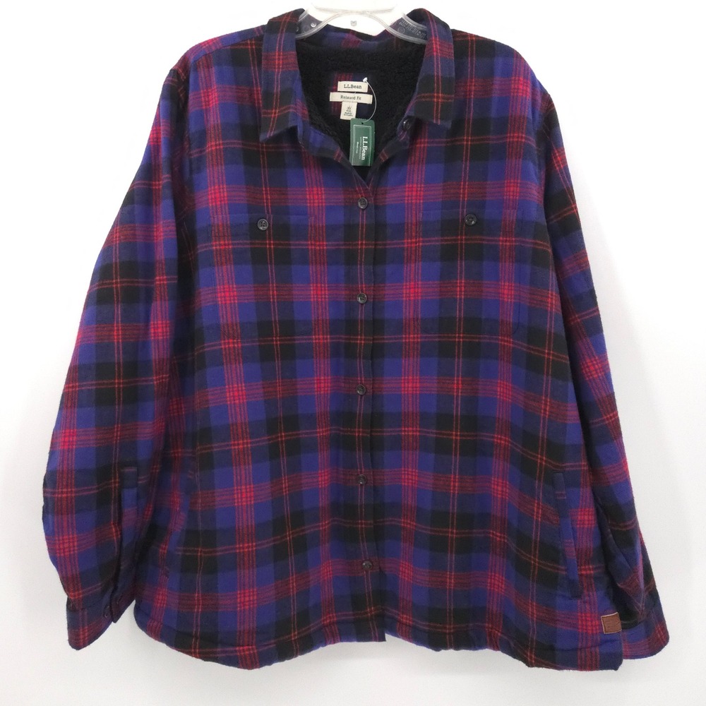 L.L.Bean Flannel Sherpa Lined Shirt Jacket NWT Women 3X Purple Plaid Shacket